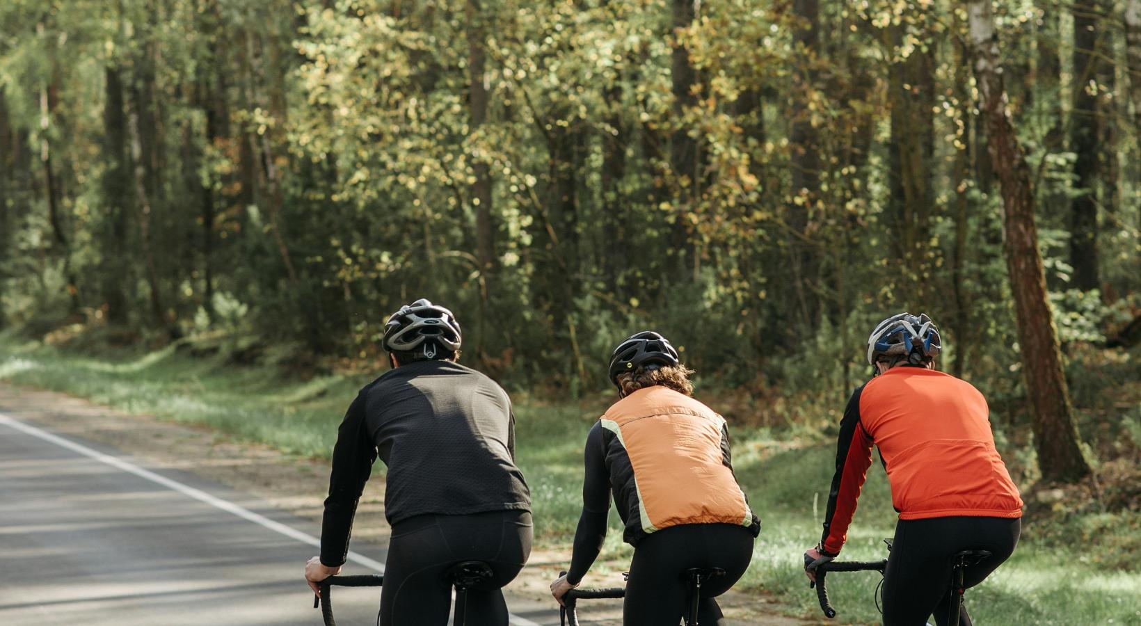 A beautiful community at the heart of all your passions a group of people riding bikes on a road with trees on either side
