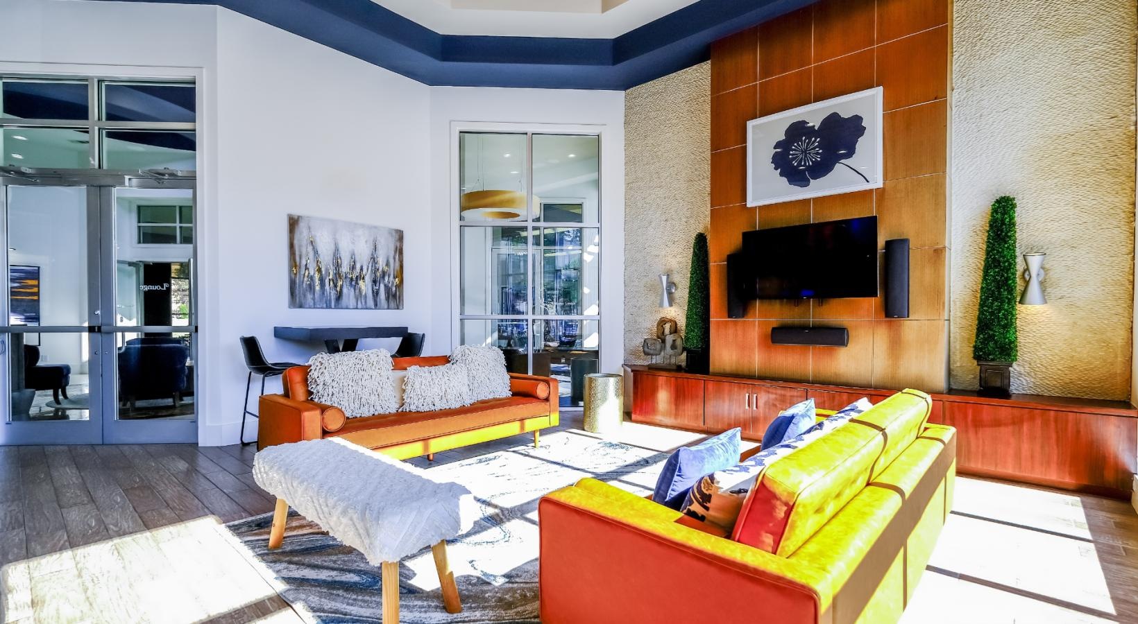 Settle into comfort at Soho Parkway a living room with a fireplace