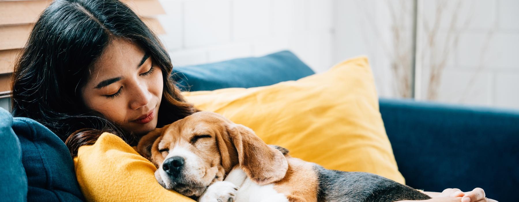 a person lying on a couch with a dog