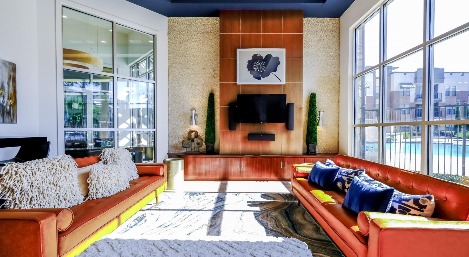 Settle into comfort at Soho Parkway a living room with a fireplace